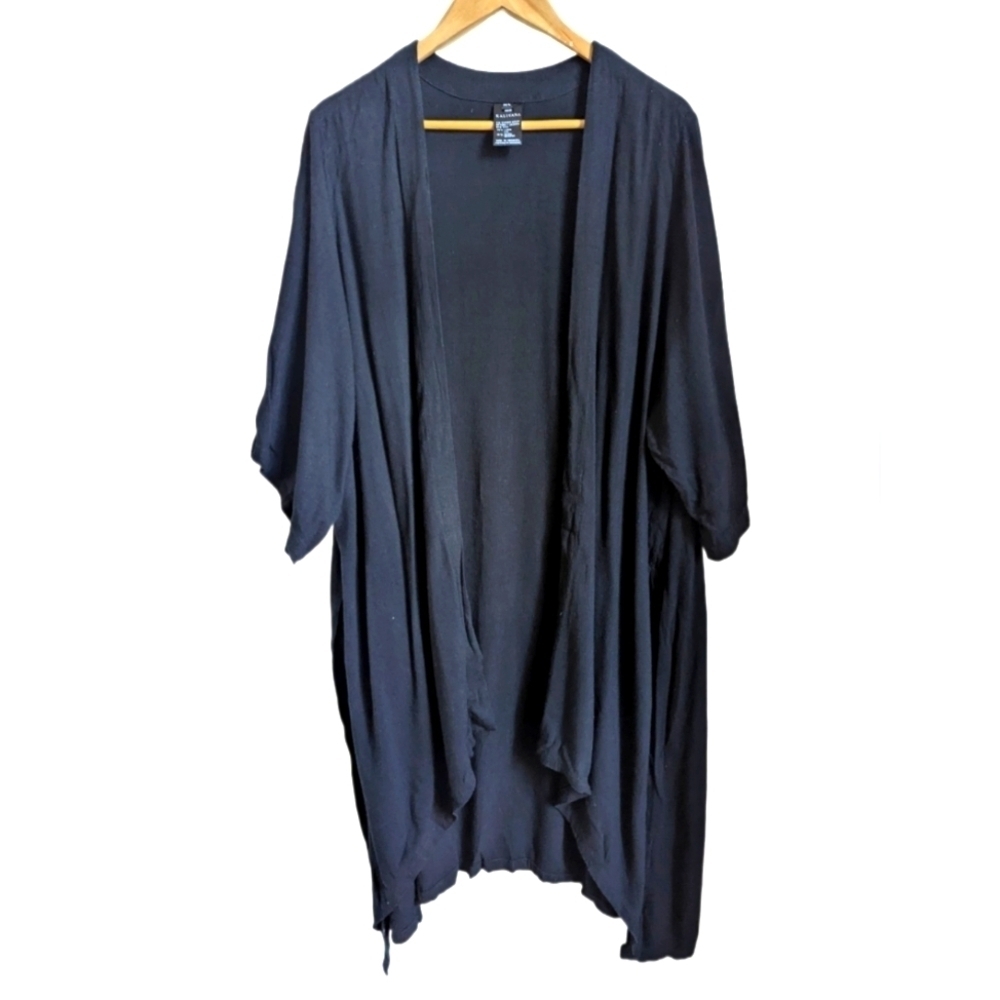 KALIYANA Black Open Front Linen Lagenlook Long Duster Kimono Size Medium